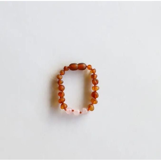 Canyonleaf Raw Cognac Baltic Amber + Rose Quartz - 5" Baby Bracelet Pacifiers and Teething Canyonleaf