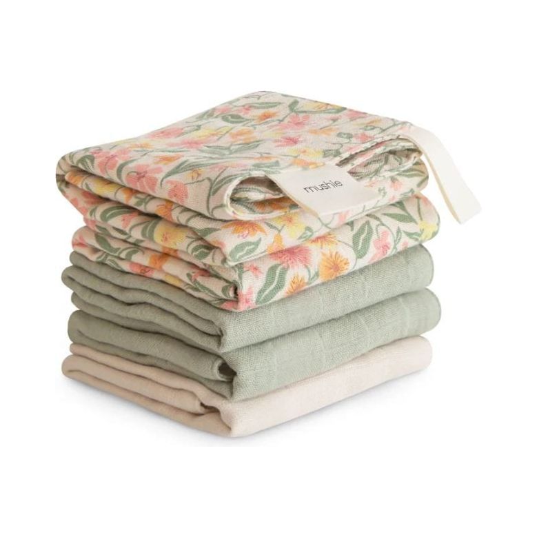 Mushie Muslin Cotton Washcloth- 5 Pack Bath Time Mushie Pastel Blooms
