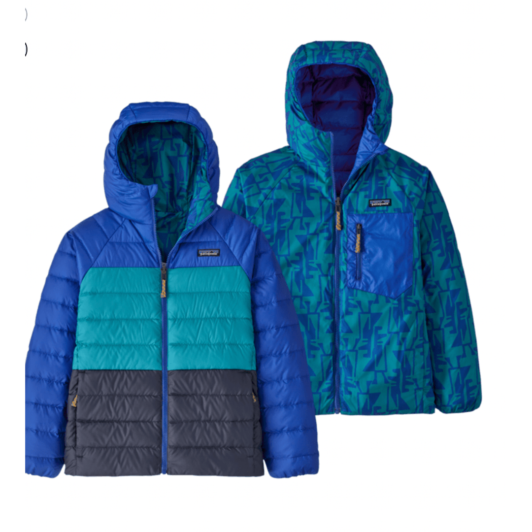 Fall 2023 Patagonia Kid's Reversible Down Sweater Hoody Childrens Jacket Patagonia Abstract Penguin: Belay Blue Large 