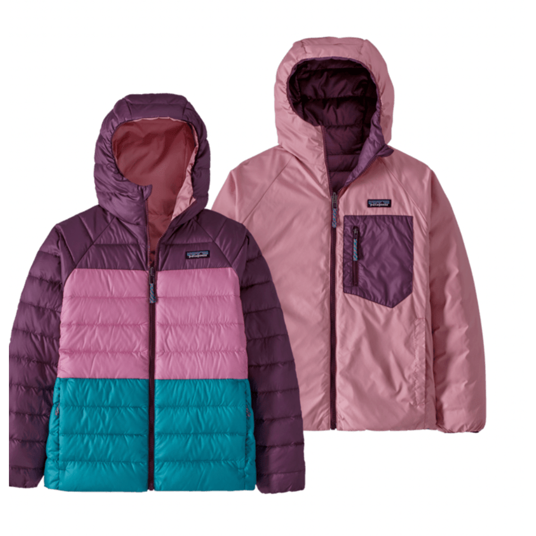 Fall 2023 Patagonia Kid's Reversible Down Sweater Hoody Childrens Jacket Patagonia Planet Pink Large 