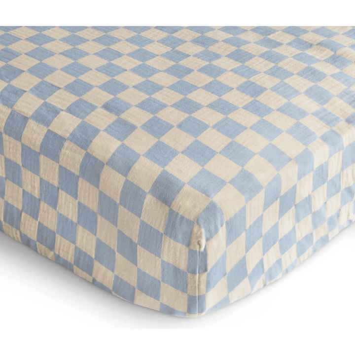 Mushie Extra Soft Muslin Crib Sheet Baby Bedding Mushie Blue Check