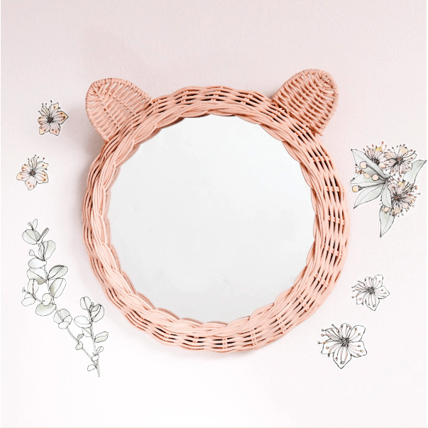 Tara Treasures Rattan Bear Mirror - Blush Pink Nursery Decor Tara Treasures