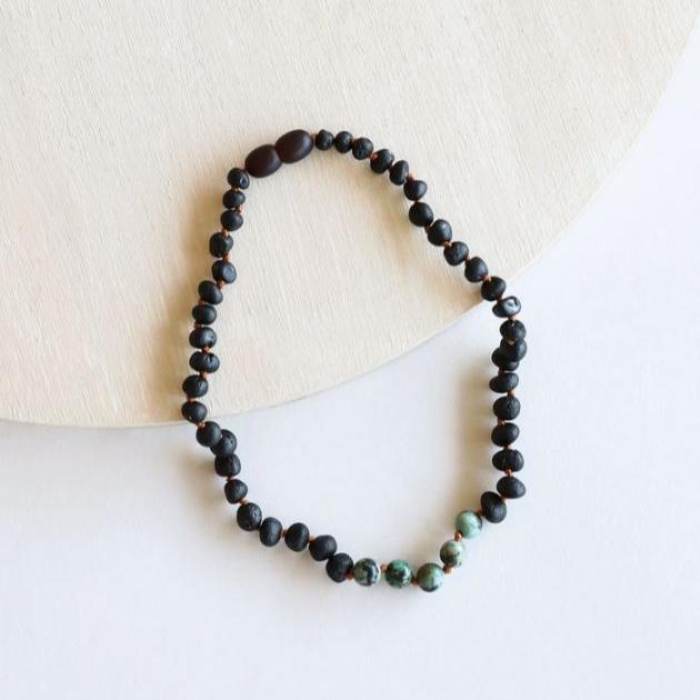 Canyonleaf Kids Raw Black Amber and Turquoise Jasper Necklace Pacifiers and Teething Canyonleaf