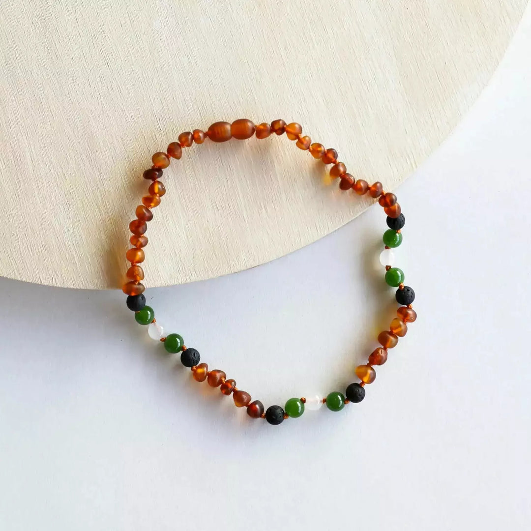 Canyonleaf Kids Raw Cognac Amber + Lava + Jade + Agate Necklace Pacifiers and Teething Canyonleaf   