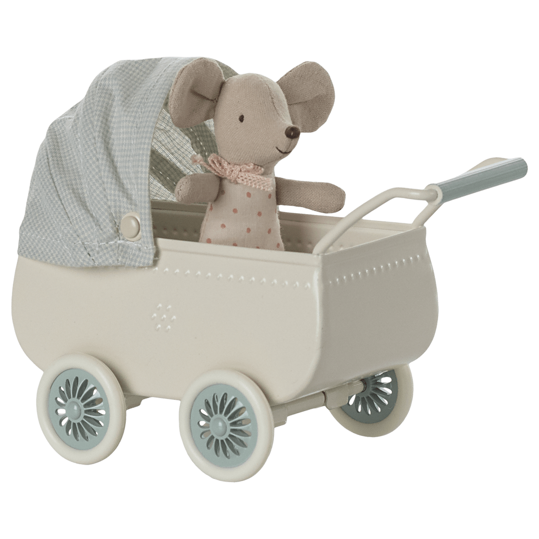 Maileg Pram with baby mouse, Mint Dollhouses and Access. Maileg