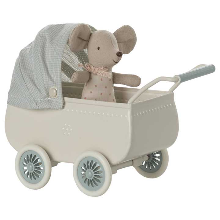 Maileg Pram with baby mouse, Mint Dollhouses and Access. Maileg