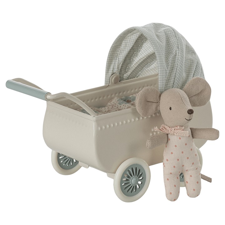 Maileg Pram with baby mouse, Mint Dollhouses and Access. Maileg