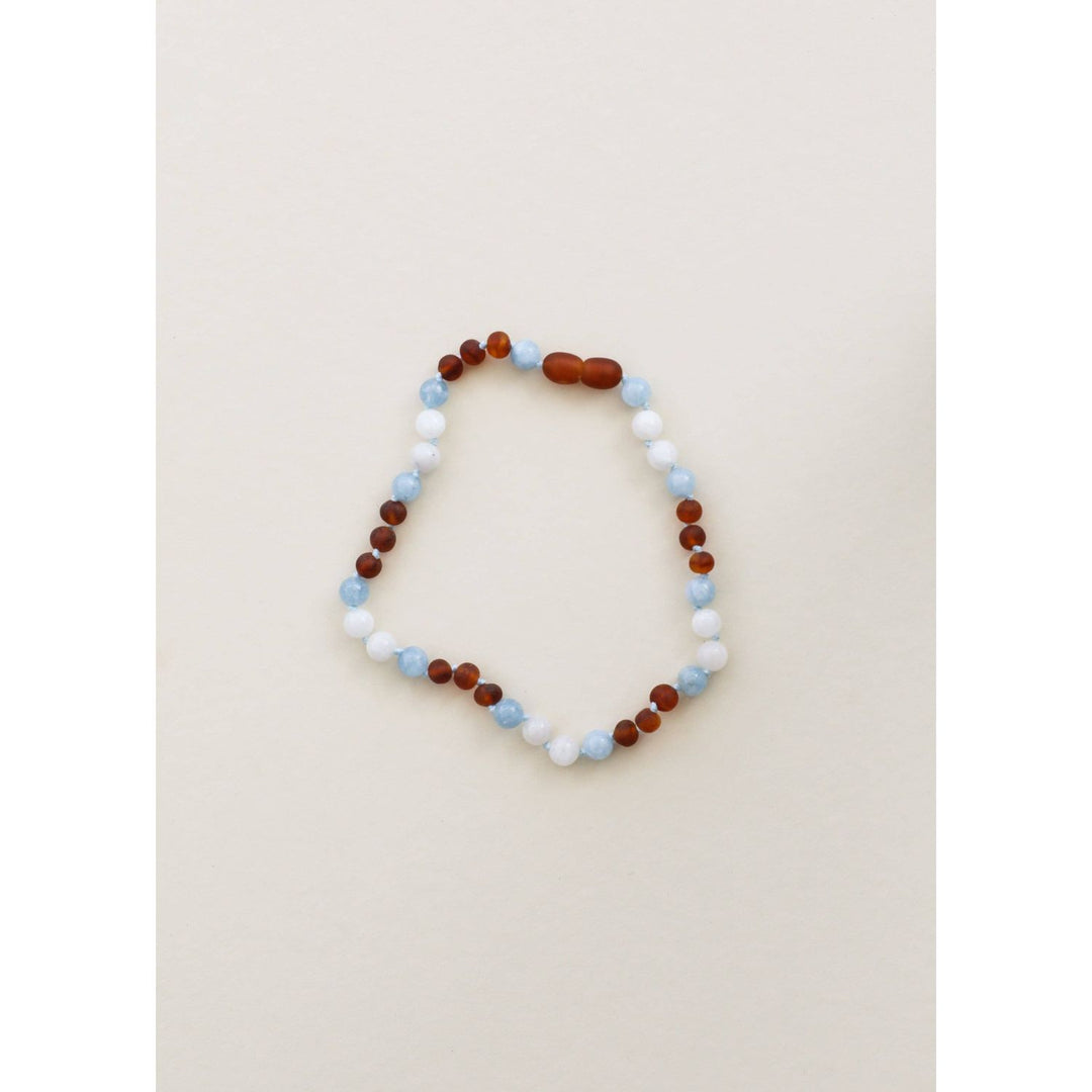 Canyon Leaf Raw Cognac Baltic Sea Amber + Moonstone + Aquamarine Gemstone Necklace Pacifiers and Teething Canyonleaf 11" Baby Necklace
