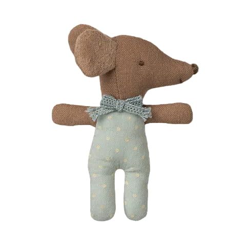A handmade plush toy mouse made from brown burlap-like fabric, wearing pale blue polka-dot pants and a knitted light blue bow tie, shown against a gray checkered transparency background.