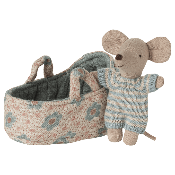 Maileg Baby Mouse in Carry Cot - Blue
