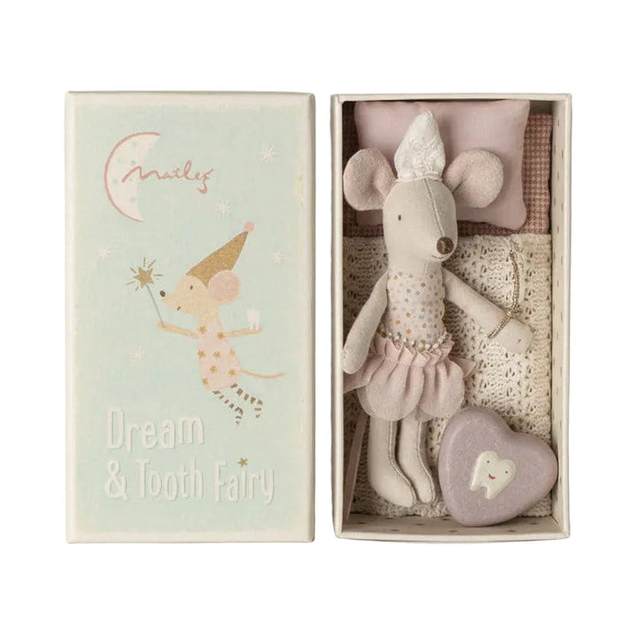 Stuffed mouse toy with a heart-shaped pillow in a decorative box, featuring 'Dream & Tooth Fairy' text.