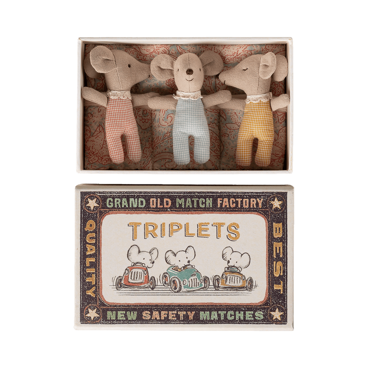 Maileg Triplets, Baby mice in matchbox - Checker Mice Maileg