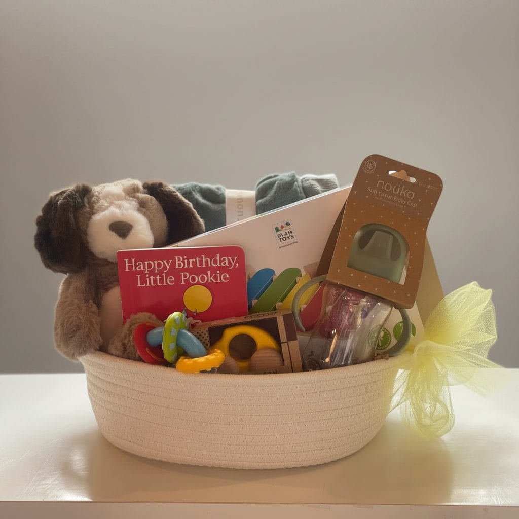A baby gift basket in a woven cream basket, filled with toys and baby items including a plush dog, a red &