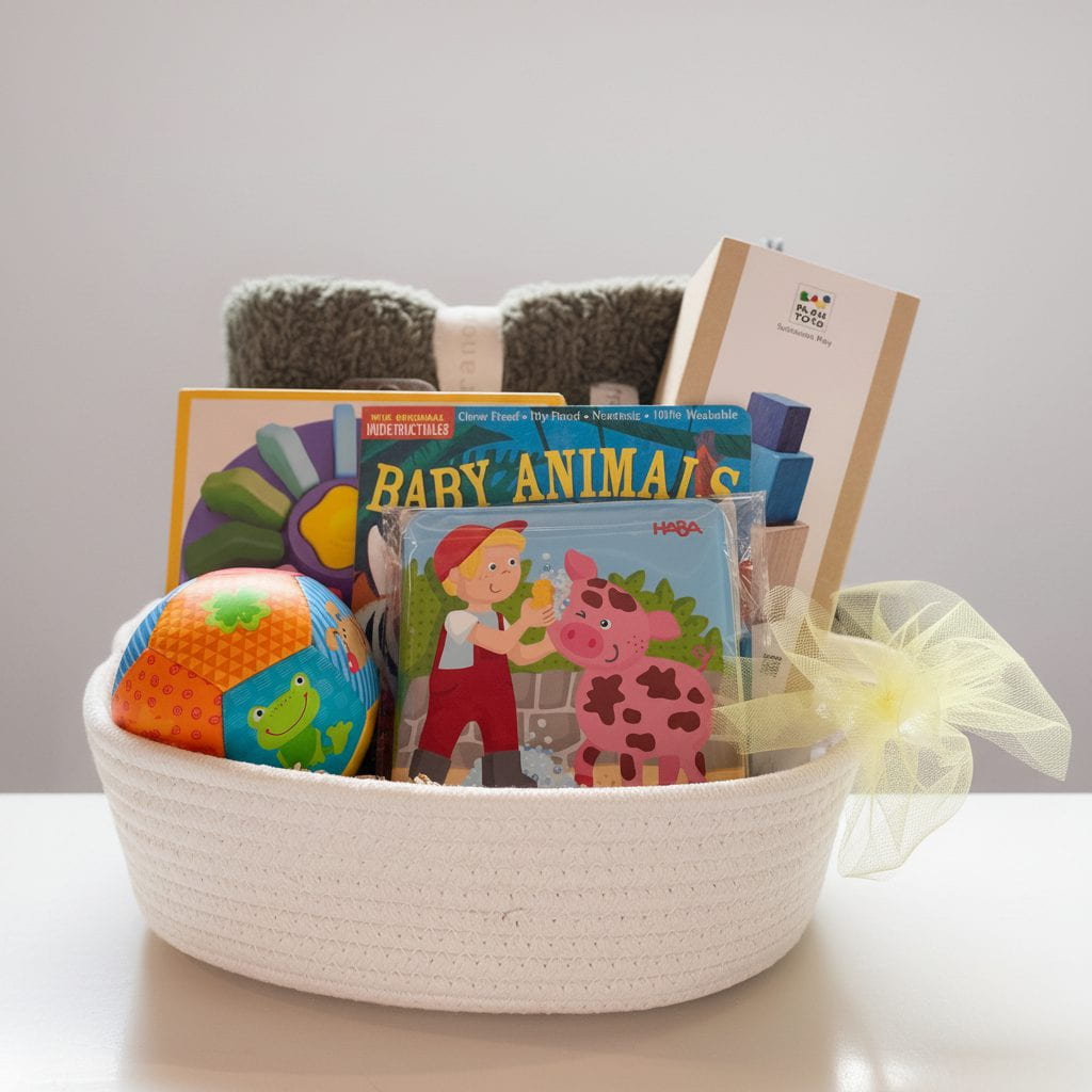 A baby gift basket arranged in a white woven basket, featuring a colorful ball, a children&