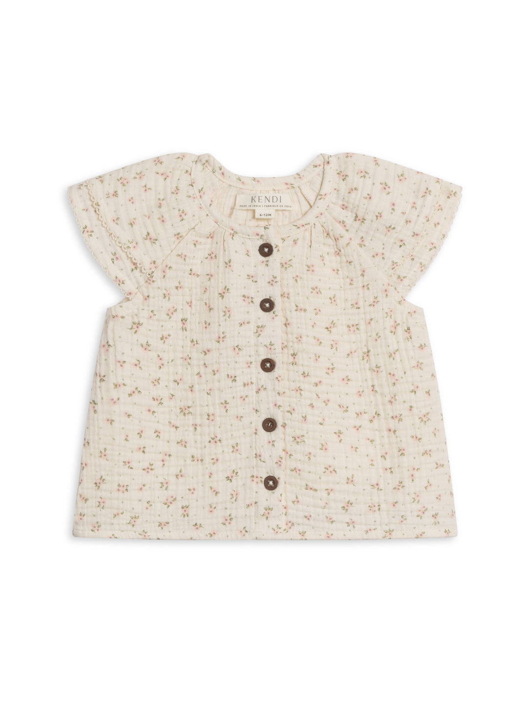 Colored Organics Nelly Muslin Ruffle Sleeve Top - Camellia Floral / Shell + Fern