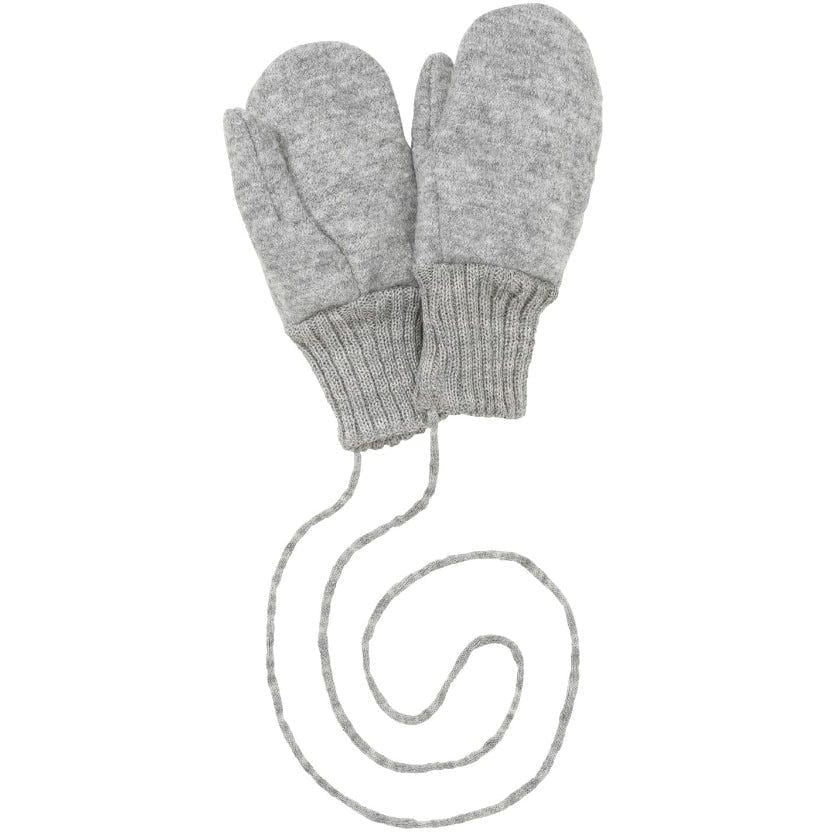 Pair of gray mittens with a string on a white background