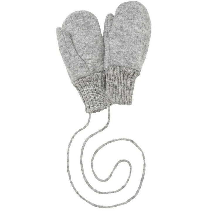 Pair of gray mittens with a string on a white background