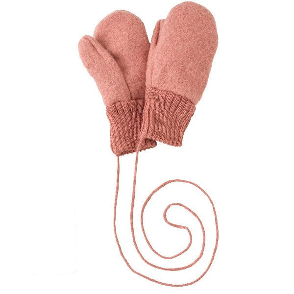 Pair of pink mittens with a string on a white background