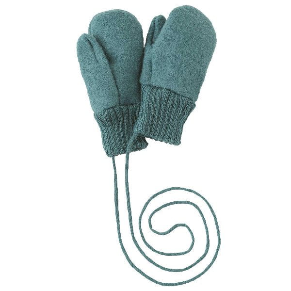 Pair of teal mittens with a matching strap on a white background