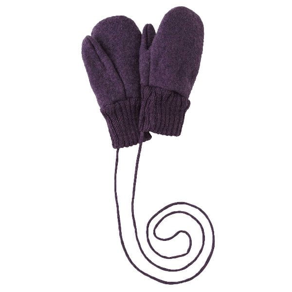 Pair of purple mittens with a curly cord on a white background