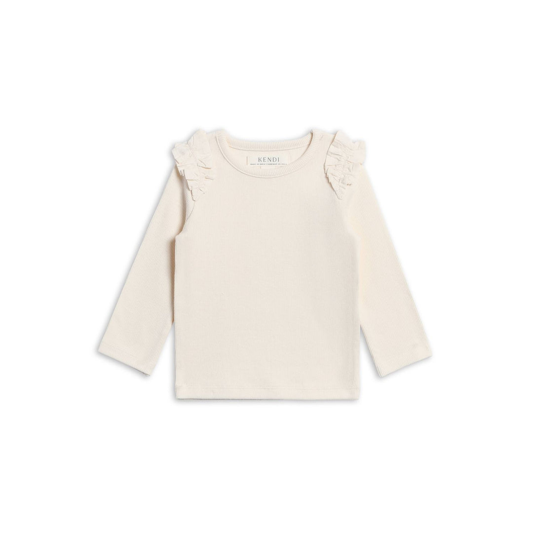 Colored Organics Ribbed Ruffle Long Sleeve Top - Ivory