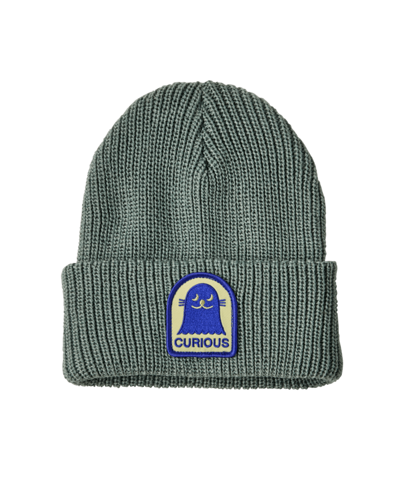 A ribbed knit beanie hat in dark gray with a folded cuff, featuring a blue and cream patch on the front that reads &