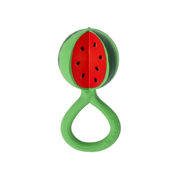 Green watermelon-shaped teething ring on a white background