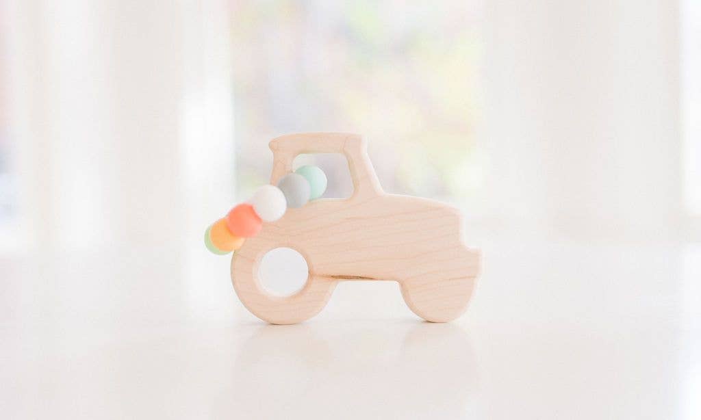 Bannor Toys Tractor Grasping Wooden Toy with Teething Beads
