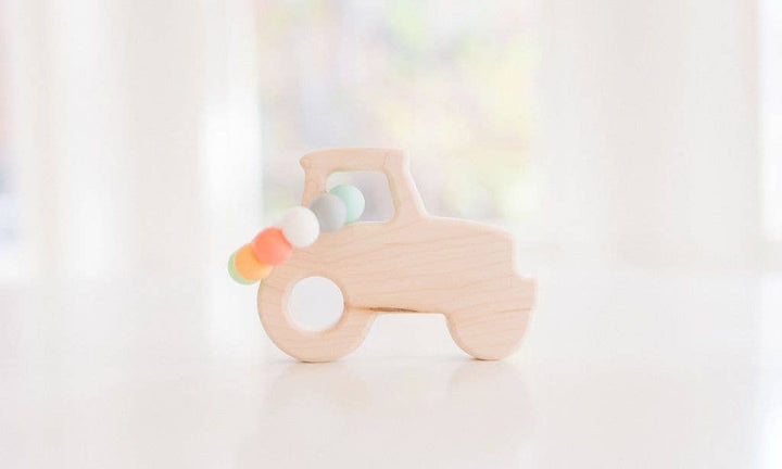 Bannor Toys Tractor Grasping Wooden Toy with Teething Beads