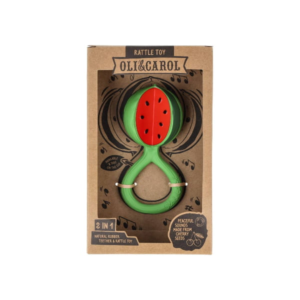 Oli &amp; Carol rattle toy packaging with watermelon design on a white background
