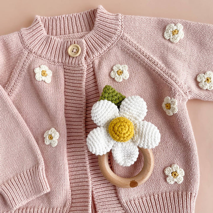 Teether Flower White Cotton Crochet Rattle Baby Toy Summer Teether The Blueberry Hill