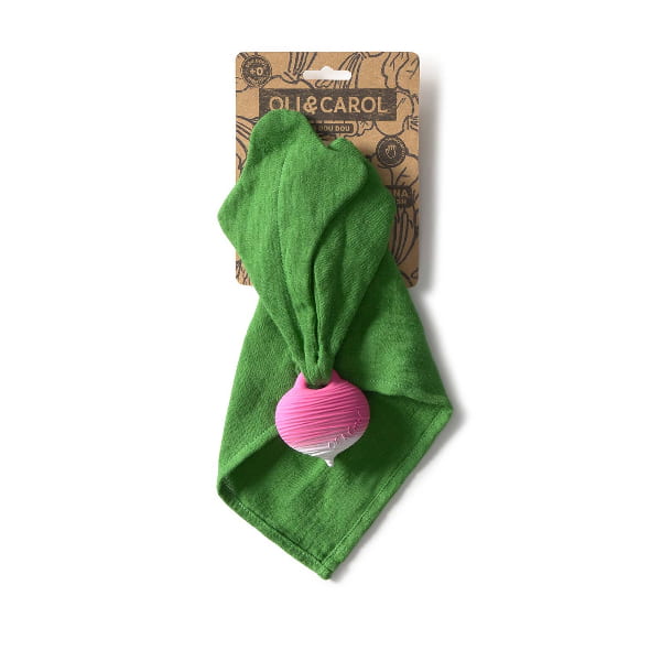 Green towel with pink ball on a white background, featuring Oli &amp; Carol branding.