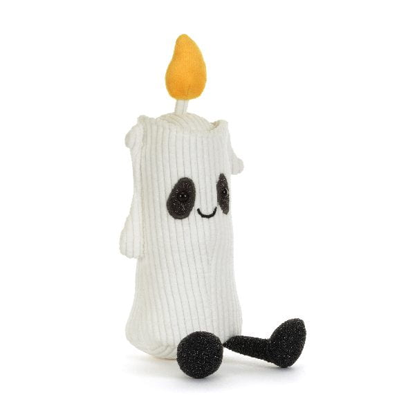 A white corduroy ghost candle plush toy with a yellow-orange flame on top, black embroidered eyes and mouth, and black feet, shown on a plain white background.