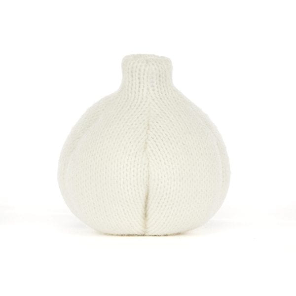 A white knitted garlic-shaped vase with a textured knit pattern and a short neck, centered on a plain white background.