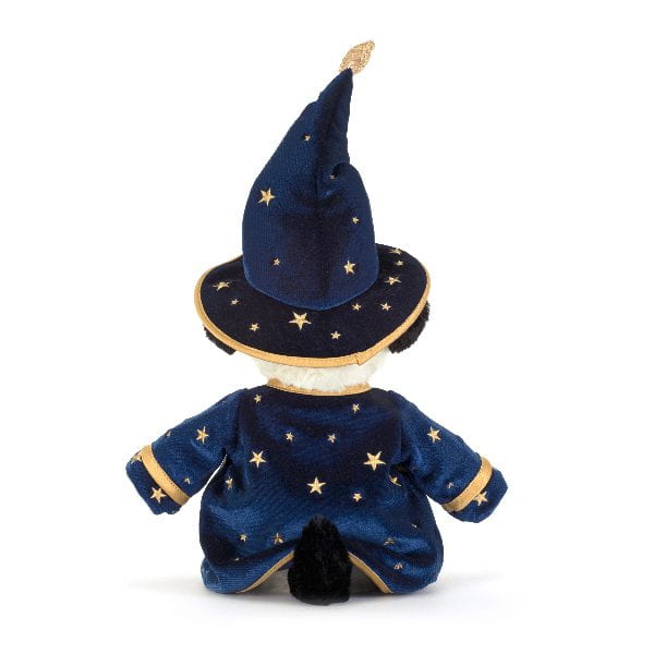 A plush toy or stuffed doll shown from the back, wearing a dark blue wizard costume with gold star details and a matching pointed hat on a white background.