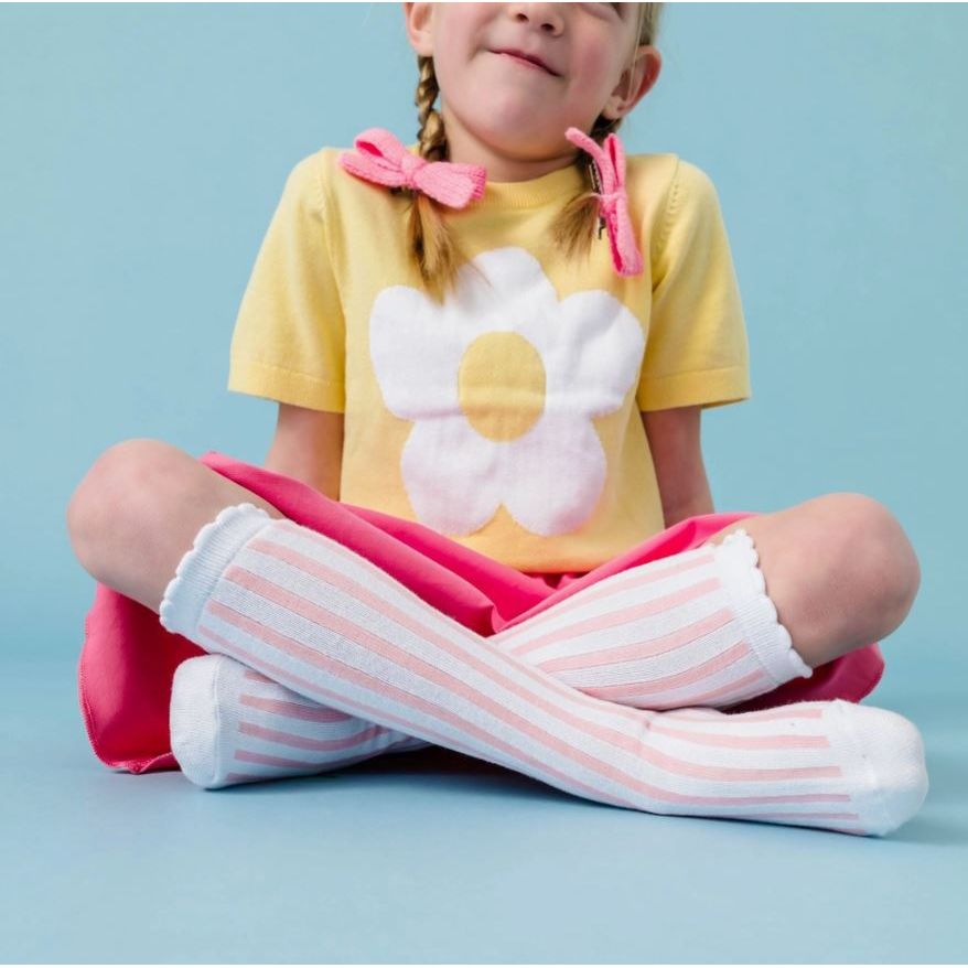 Little Stocking Co.- White/Blossom Striped Scalloped Knee High Socks kids socks Little Stocking Co.