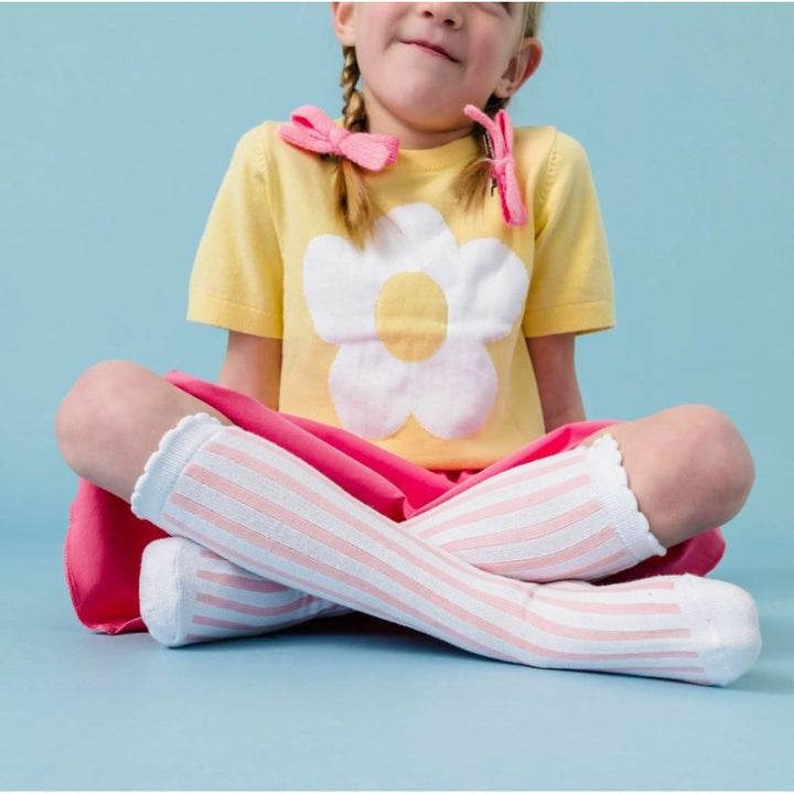 Little Stocking Co.- White/Blossom Striped Scalloped Knee High Socks kids socks Little Stocking Co.