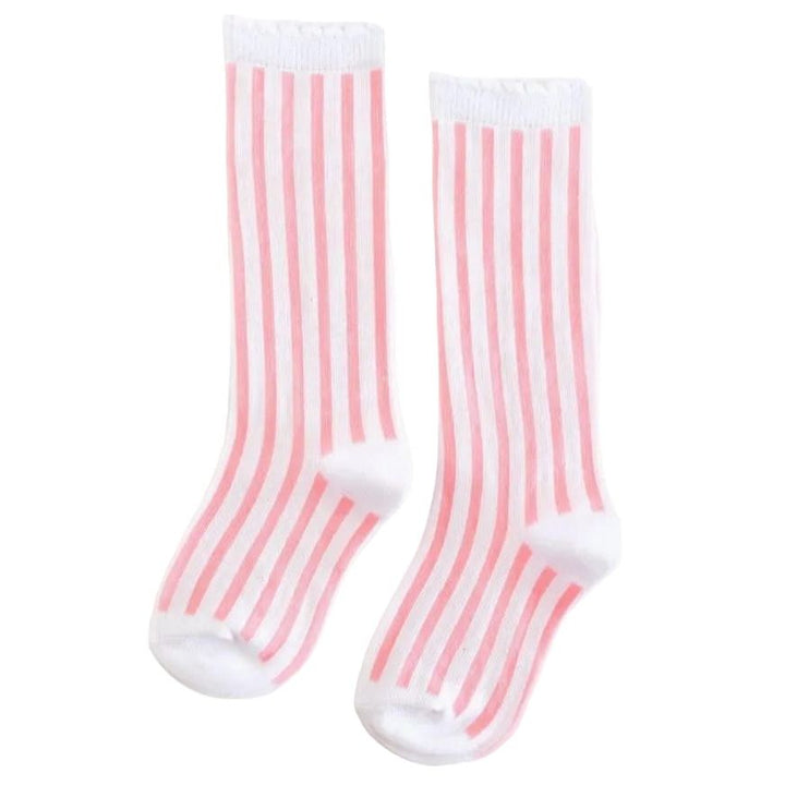Little Stocking Co.- White/Blossom Striped Scalloped Knee High Socks kids socks Little Stocking Co.