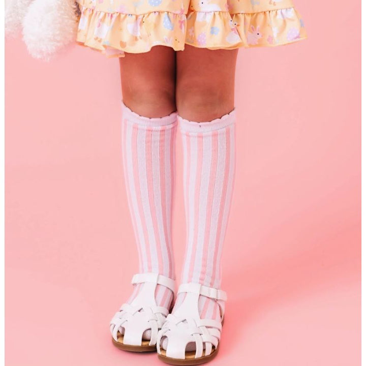Little Stocking Co.- White/Blossom Striped Scalloped Knee High Socks kids socks Little Stocking Co.