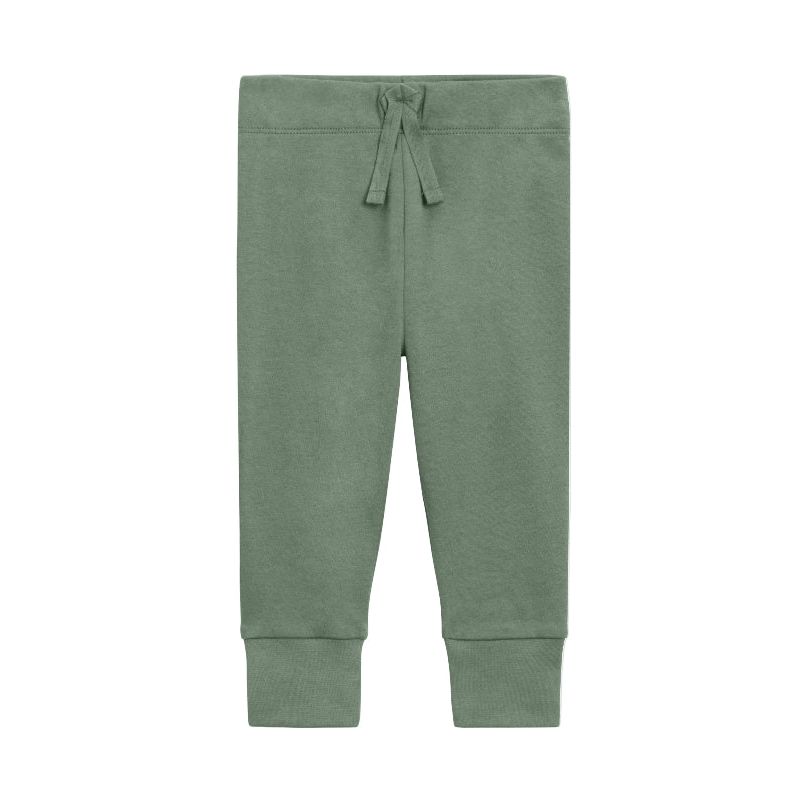 A pair of sage green sweatpants with a drawstring waist and ribbed ankle cuffs, shown flat against a plain white background.