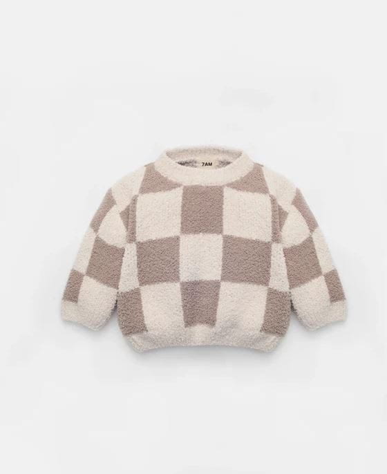 7AM Boxy Sweater - Checkers Fuzzy Ecru, Taupe Sweater 7AM