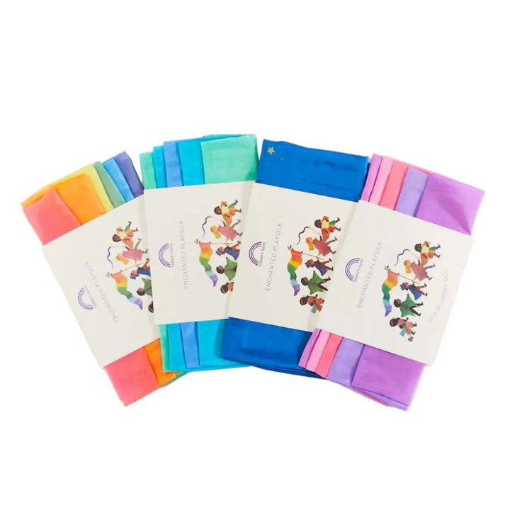 Set of colorful fabric swatches with a design on a white background