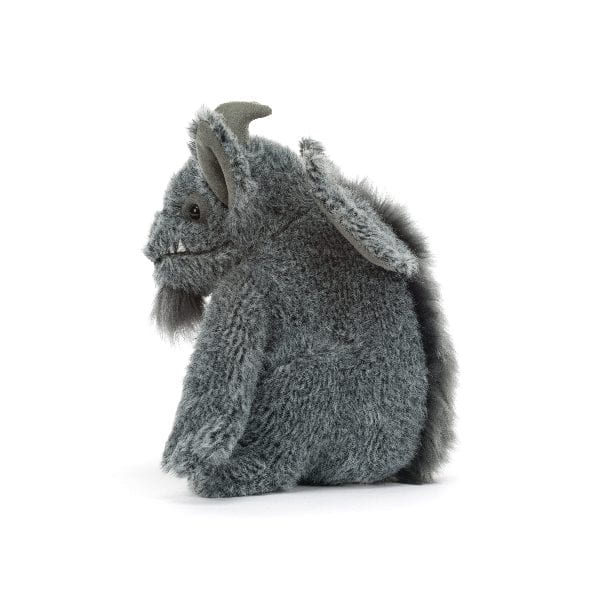 A gray plush gargoyle toy with textured fur, small horns, and large floppy ears, shown from the side on a clean white background.