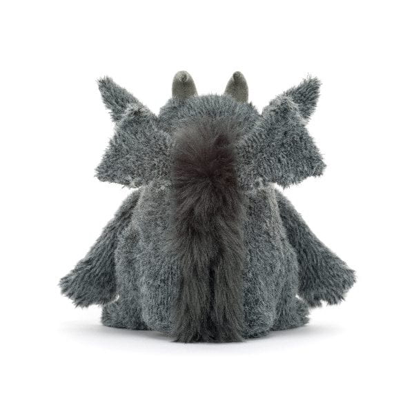 A plush gray gargoyle toy shown from the back, featuring fluffy textured fur, small horns, and wings, photographed on a clean white background.