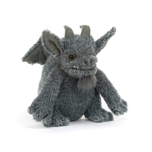 A plush gray gargoyle toy with small horns, large pointed ears, and a soft furry texture, photographed against a clean white background.