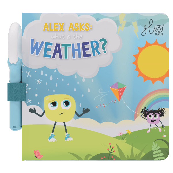 Children's book cover titled 'Alex Asks: What is the Weather?' with cartoon characters and weather elements.