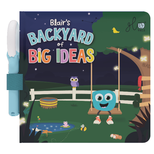 Children's book titled 'Blair's Backyard of Big Ideas' with a cartoon character on a swing.