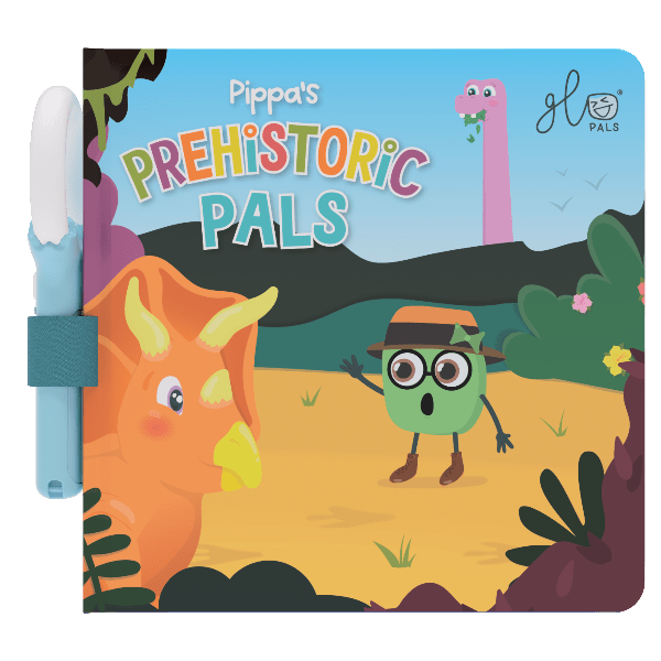 Children's book titled 'Pippa's Prehistoric Pals' with cartoon dinosaurs and a green character on the cover.