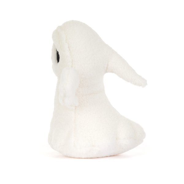A small white plush ghost toy with a single black eye, photographed against a seamless white background.