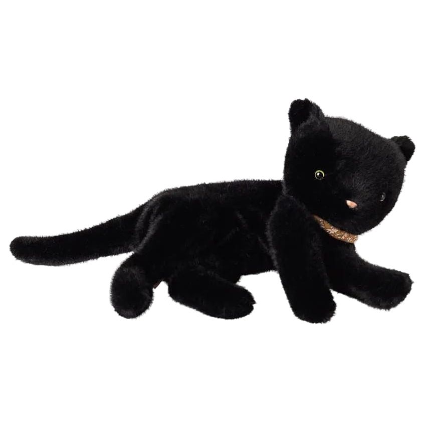 Black plush toy cat on a light gray background